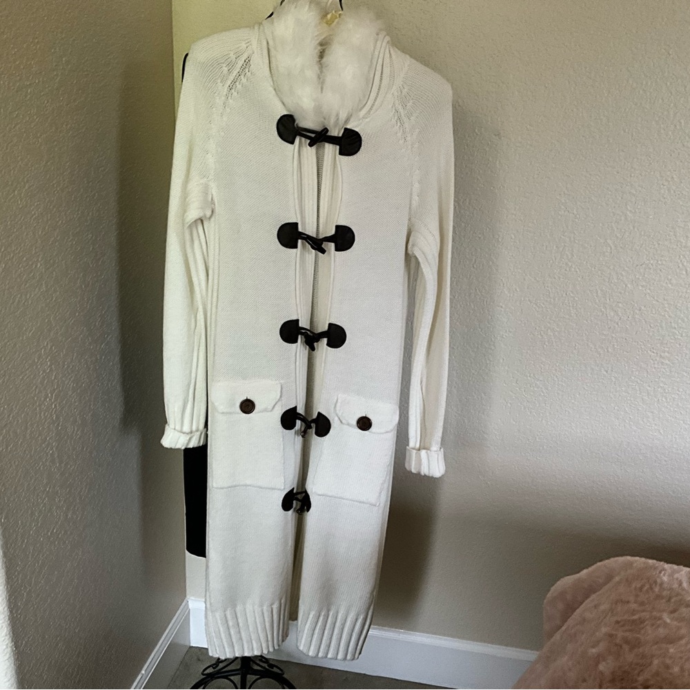 Winter white sweater coat Cute hoodie detail